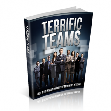 The book cover for 'Terrifying Teams': a spine-chilling image featuring a group of people with sinister expressions, surrounded by dark shadows.